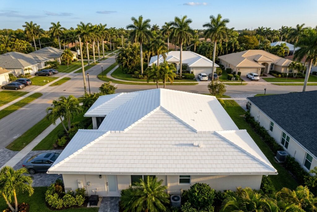 Home with a new white tile roof at golden hour