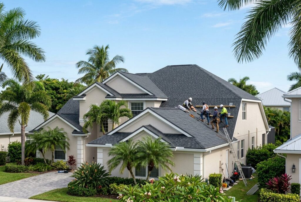 Roofing crew finishing a new shingle roof