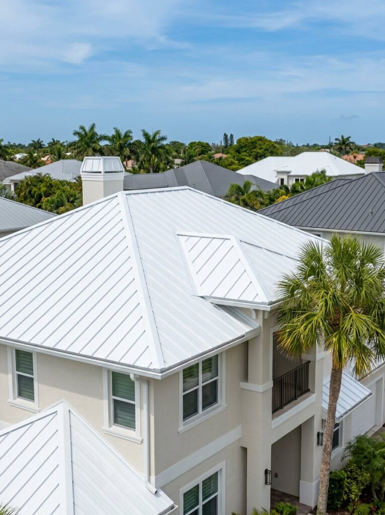 Close view of a new white metal roof