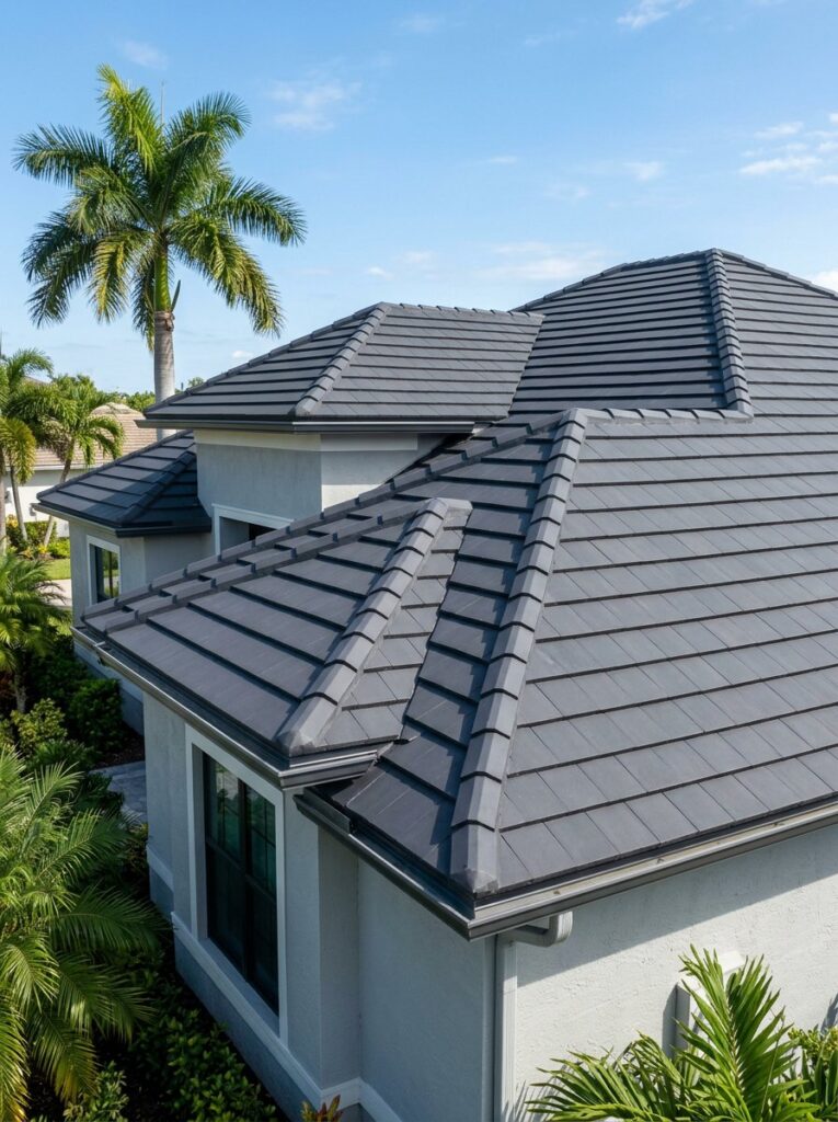 Home with a new charcoal tile roof