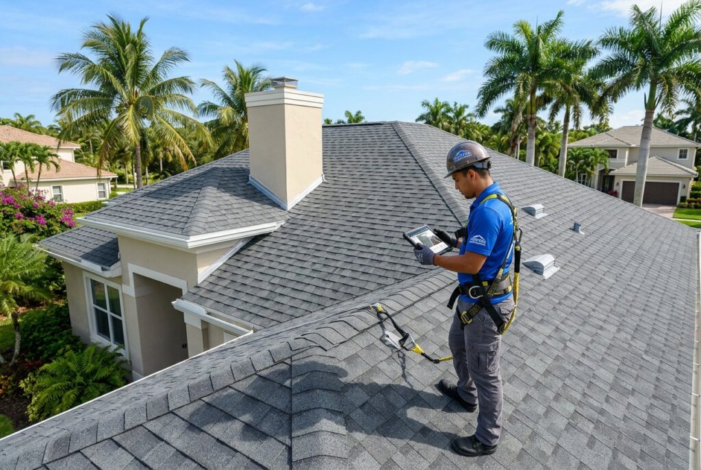 Roofer inspecting a new shingle roof