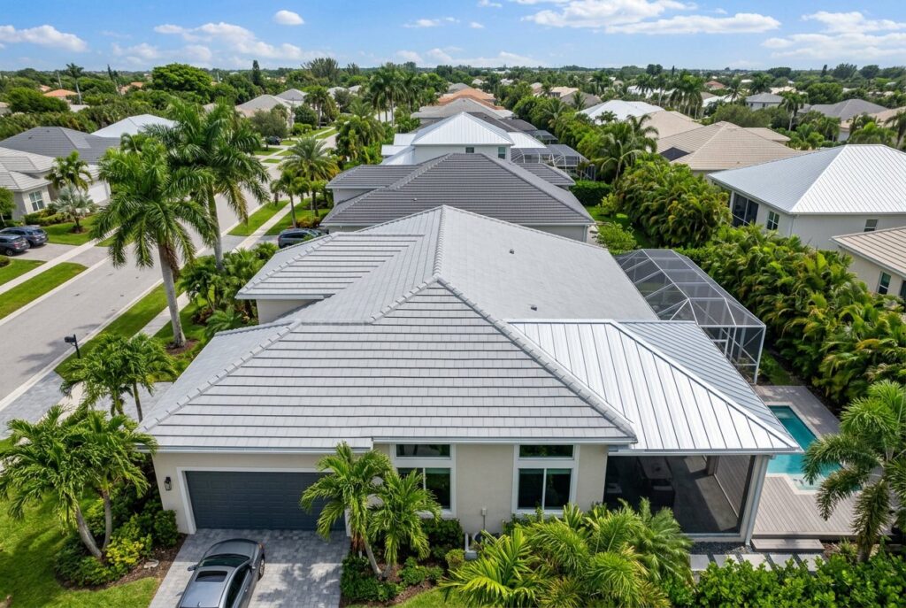 Home with a new concrete tile roof and a metal porch roof