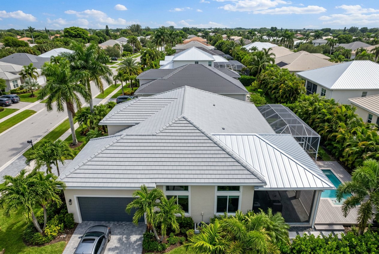 Home with a new concrete tile roof and a metal porch roof | Hollywood Broward Roofing Home with a new concrete tile roof and a metal porch roof