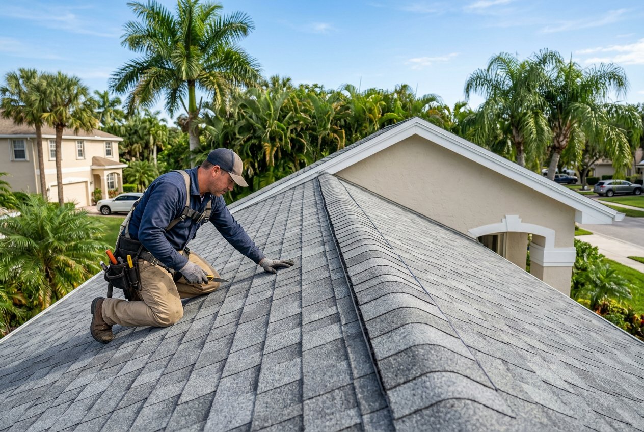 Roofer checking a shingle roof