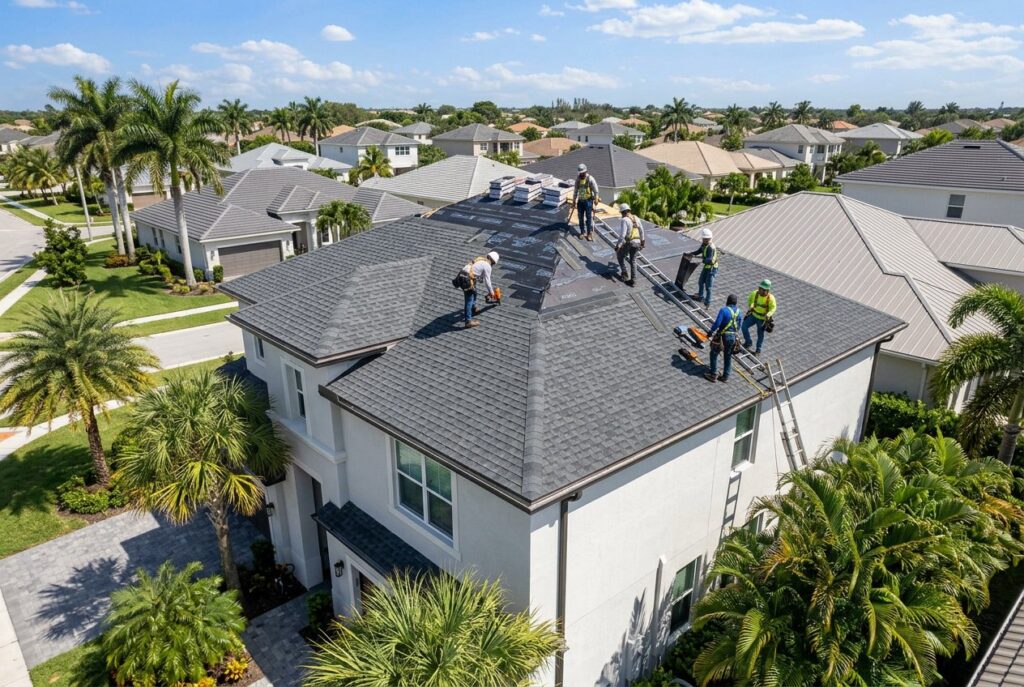 Crew installing a new roof after a storm