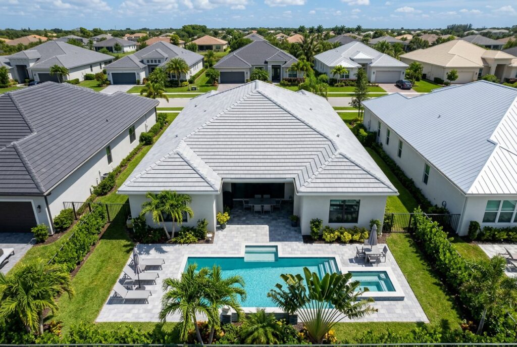Aerial view of a home with a new tile roof