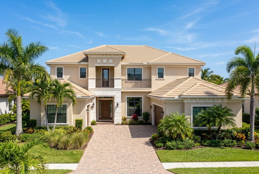 Two-story home with a new beige tile roof