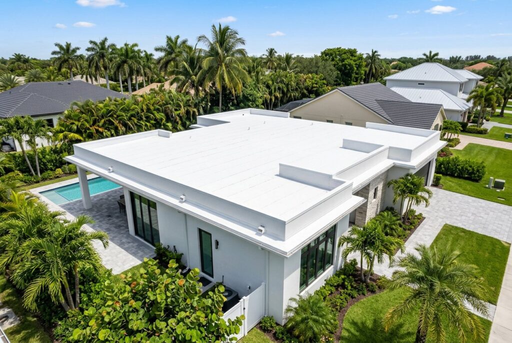 Modern home with a new white flat roof