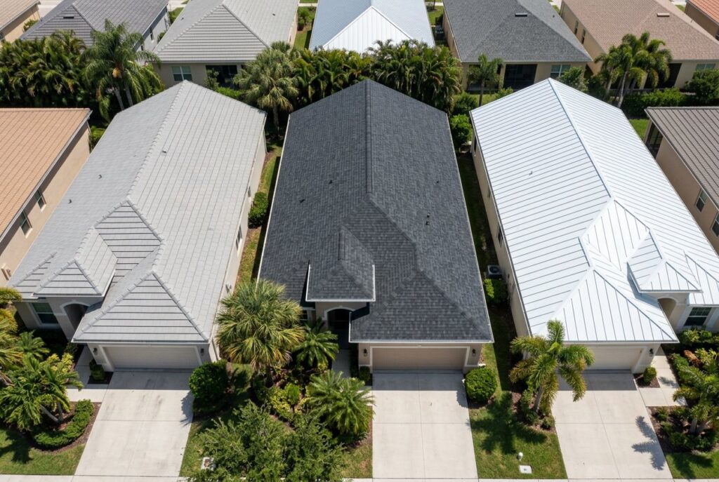 Three homes with tile, shingle and metal roofs