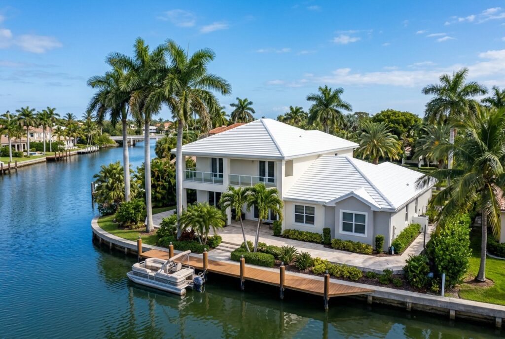 Waterfront home with a new white tile roof