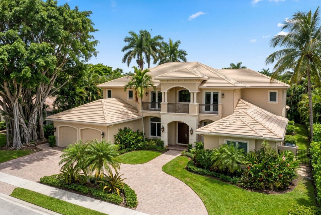 Two-story home with a new tan tile roof