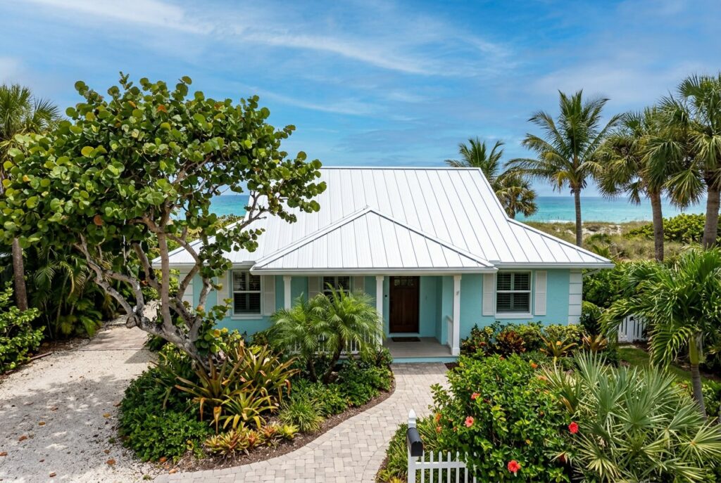 Coastal cottage with a new white metal roof