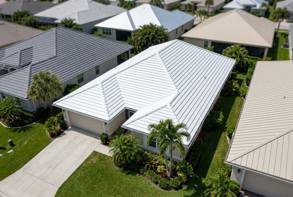 Aerial view of a home with a new white tile roof
