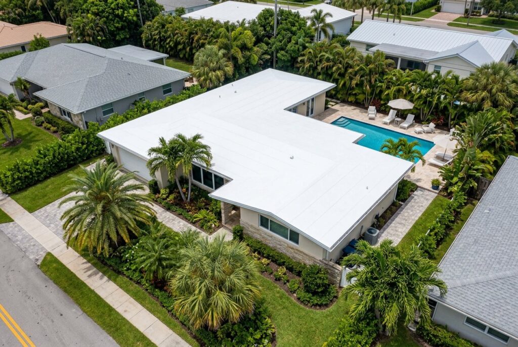 Mid-century home with a new white flat roof