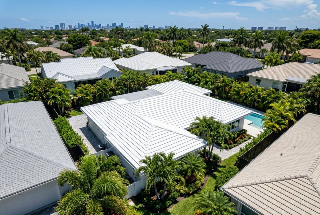Home with a new white tile roof, skyline in the distance