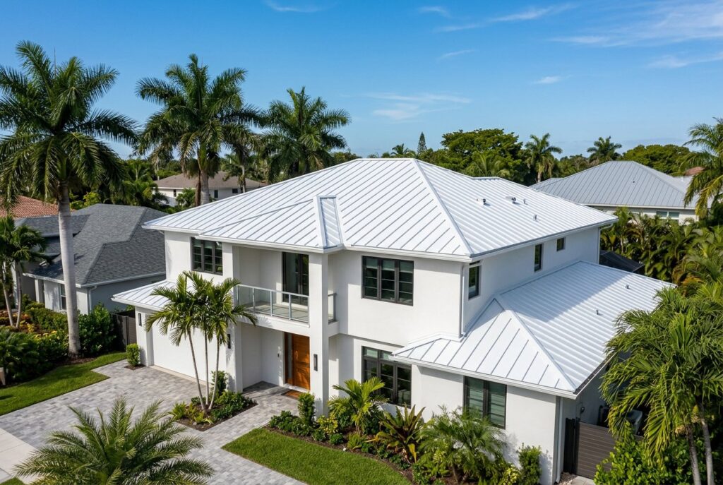 Modern home with a new white metal roof