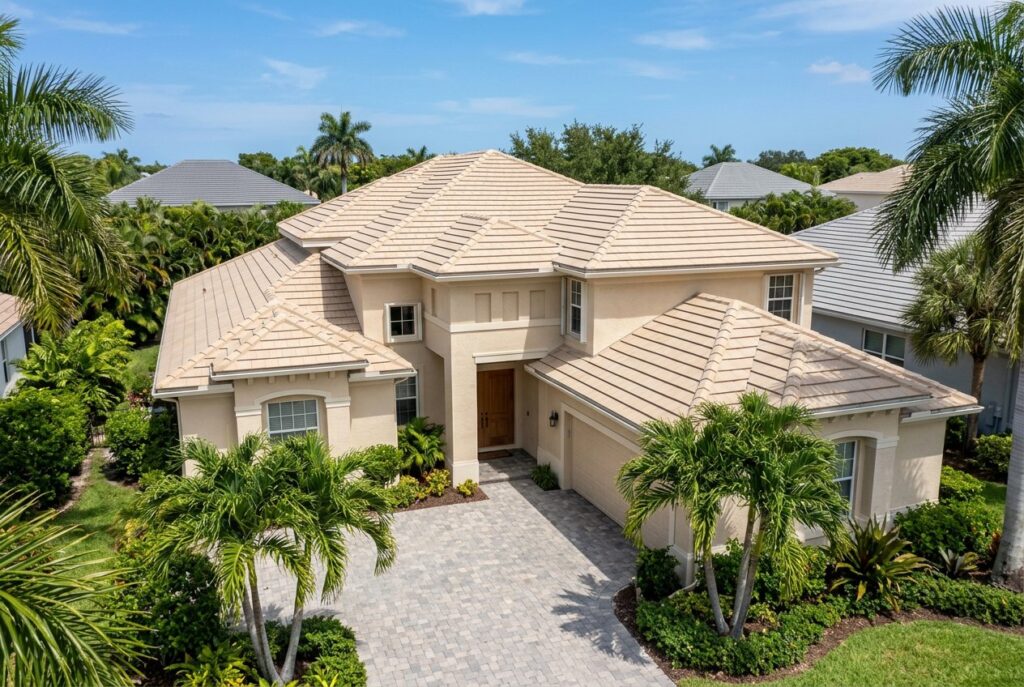 Two-story home with a new tan tile roof
