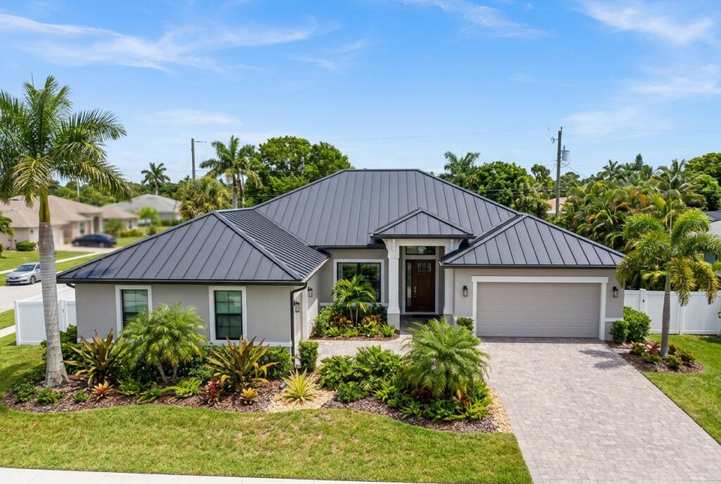 Home with a new charcoal metal roof