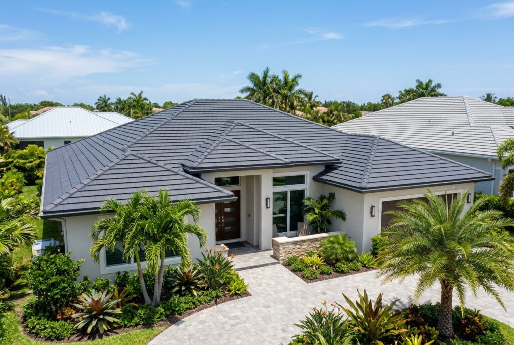 Home with a new dark gray tile roof