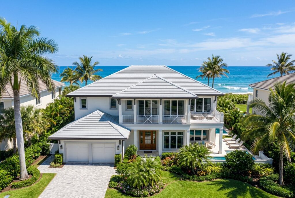 Coastal home with a new gray tile roof