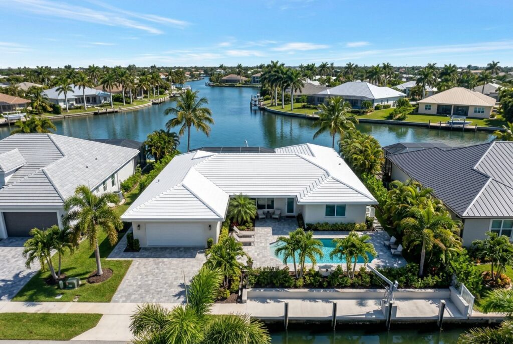 Canal-front home with a new white tile roof