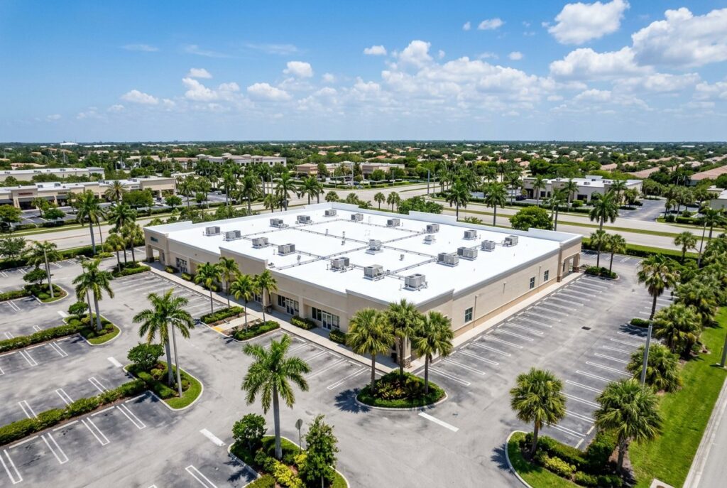 Commercial building with a new white membrane roof