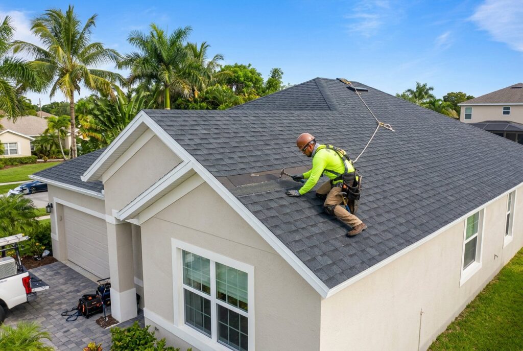 Roofer repairing a section of a shingle roof