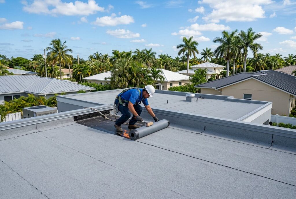 Roofer installing a new flat roof membrane