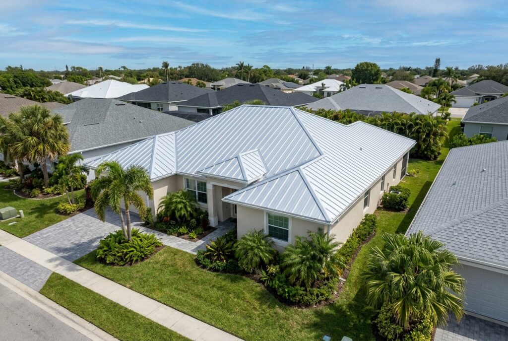 Home with a new standing seam metal roof