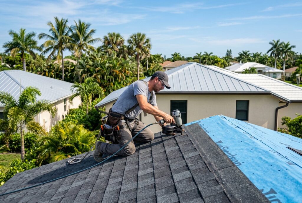 Roofer installing new architectural shingles