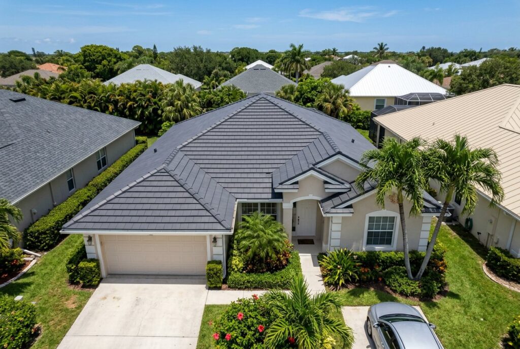 Home with a new dark gray concrete tile roof
