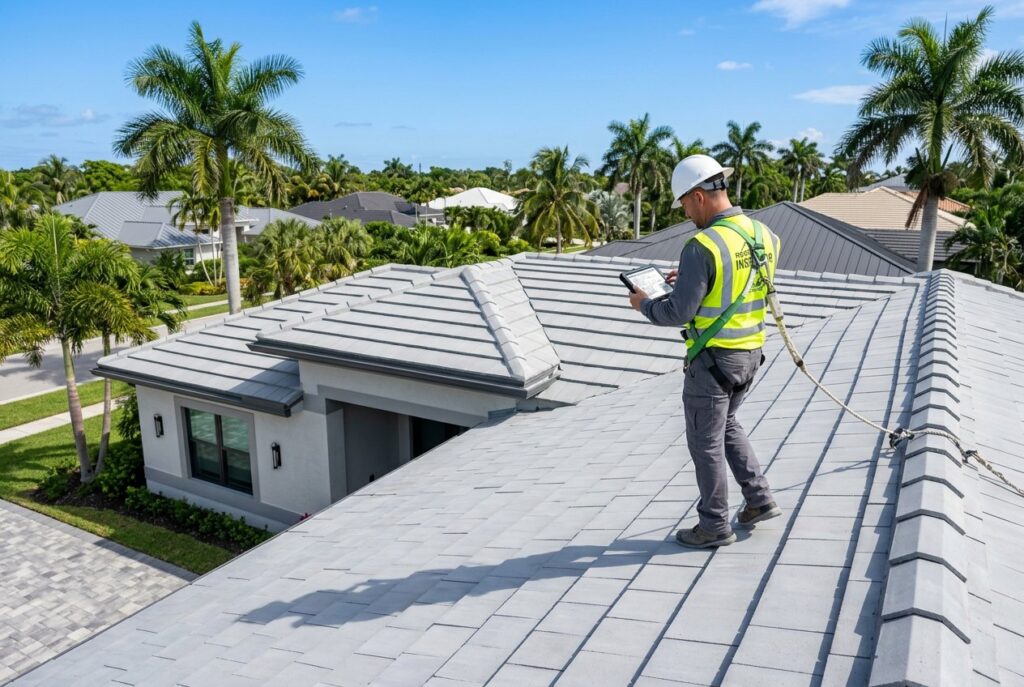Inspector checking a new concrete tile roof