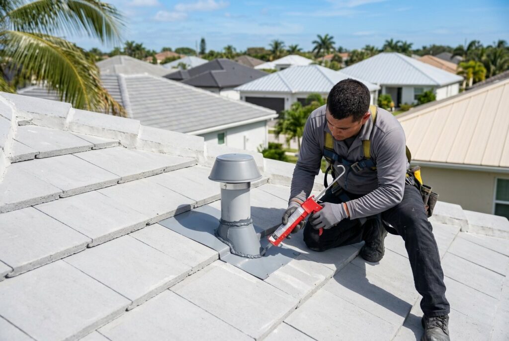 Sealing new flashing on a concrete tile roof