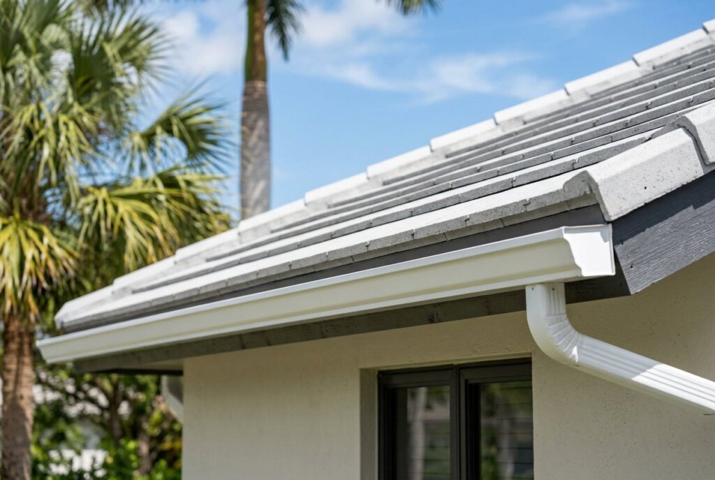 New flat concrete tile roof edge with a white gutter