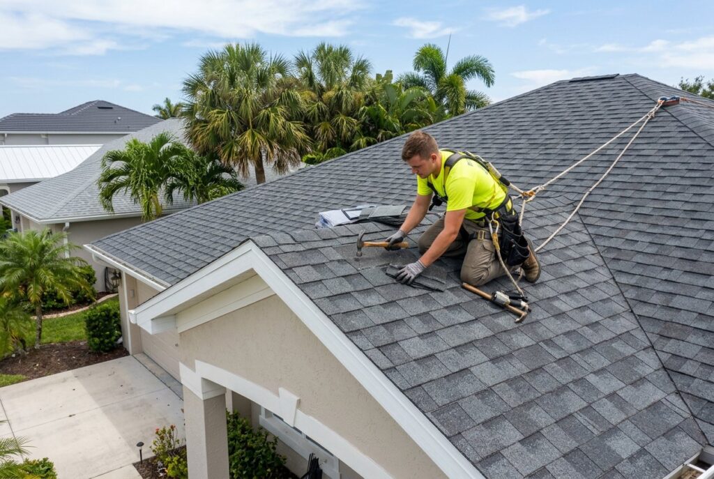 Roofer repairing a section of a shingle roof