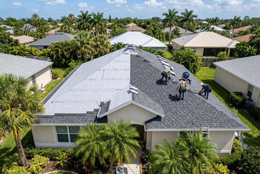 Crew replacing a roof with new shingles