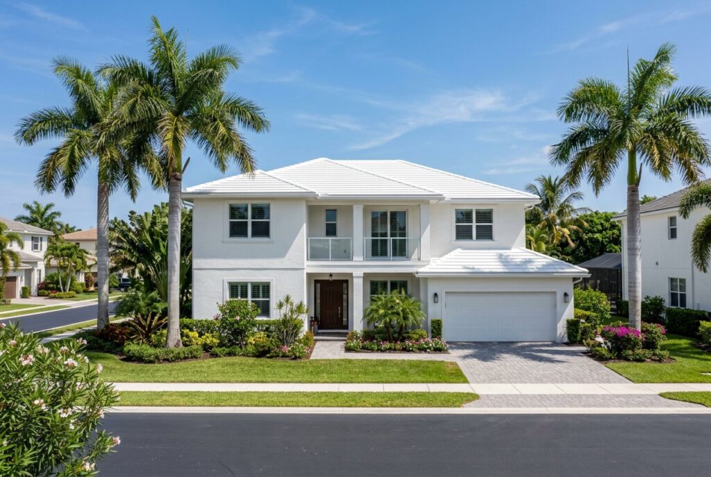Home with a clean white concrete tile roof