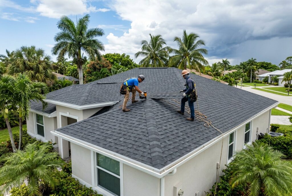 Roofers finishing a new shingle roof after a storm