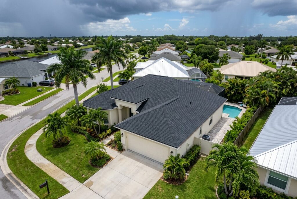 Aerial view of a home with a new shingle roof after a storm