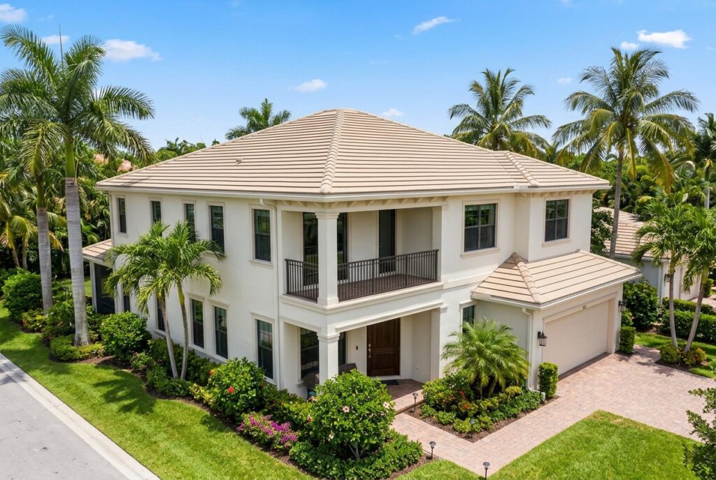 Two-story home with a new flat concrete tile roof