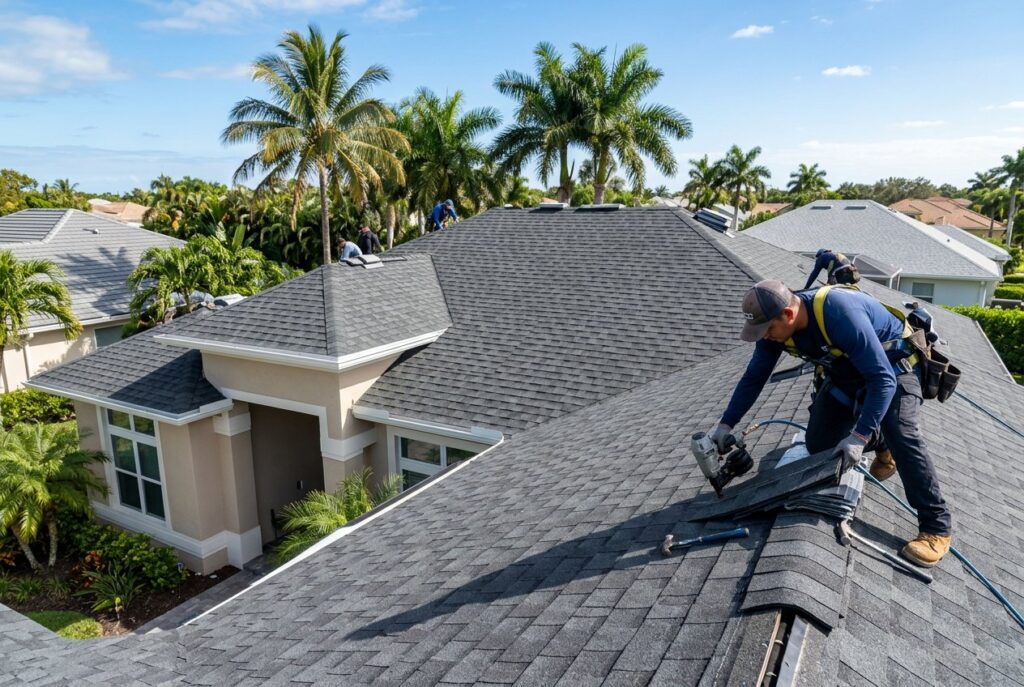 Roofing crew installing a new shingle roof