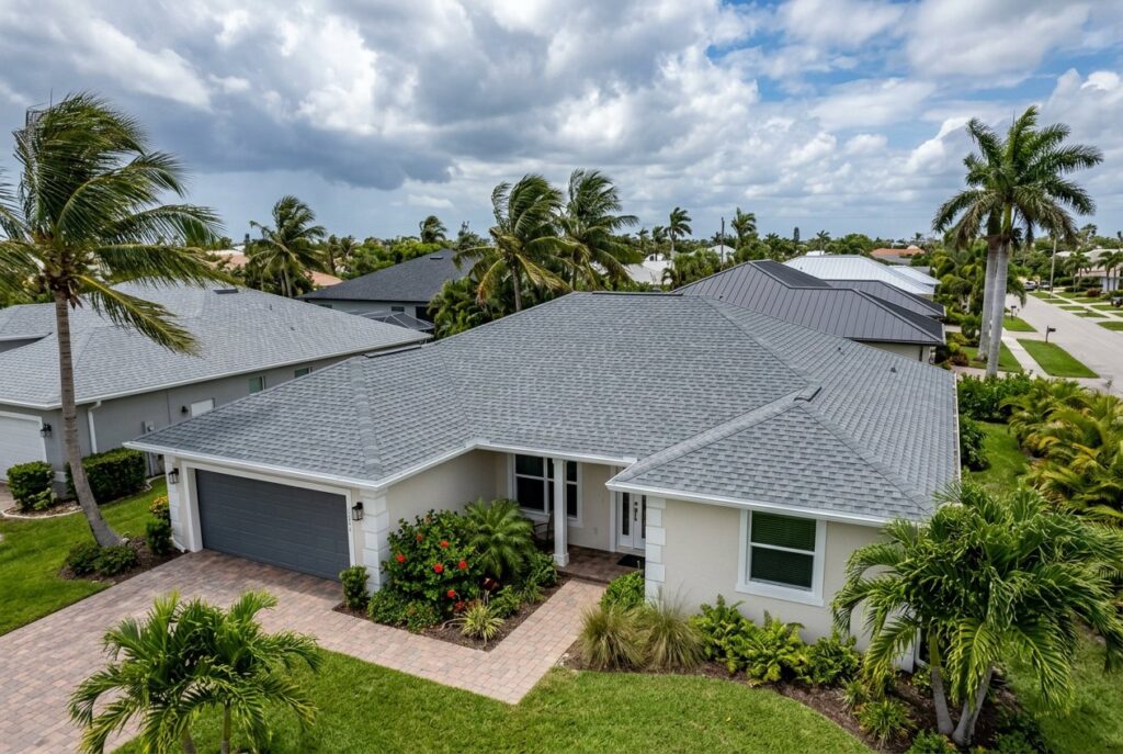 New shingle roof with palm trees in the wind